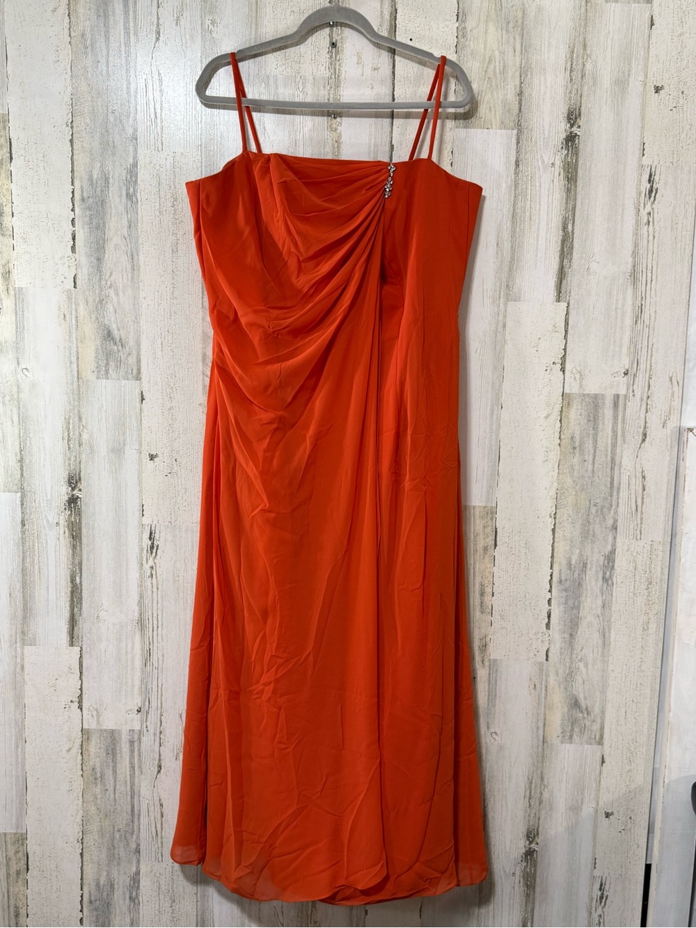 Raylia Designs Vibrant Orange Strapless Draped Evening Gown